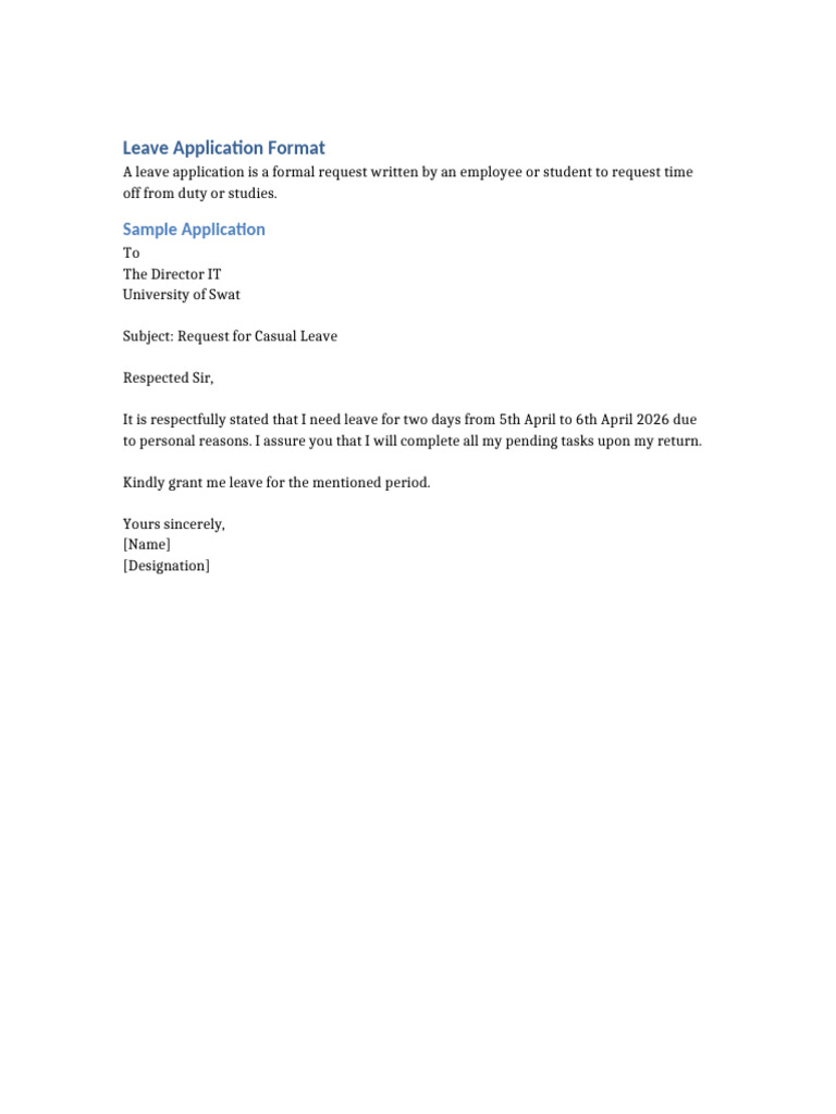 Leave Application Format | PDF