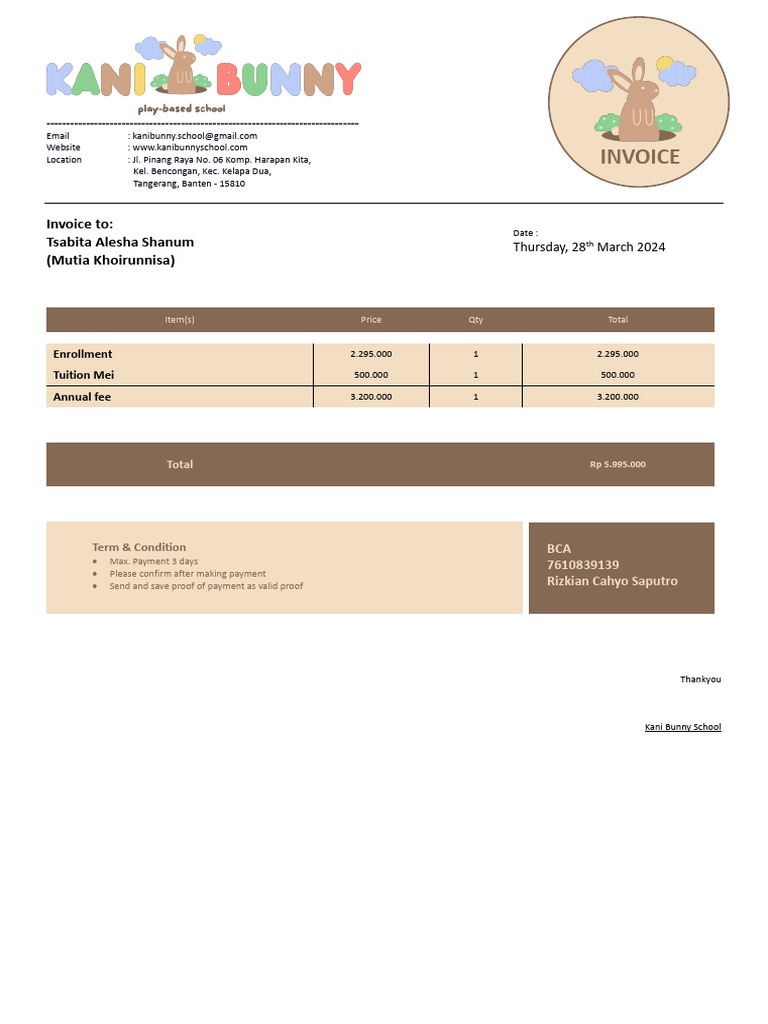 Invoice - Kani Bunny - Tsabita Alesha Shanum Hatchling Class | PDF