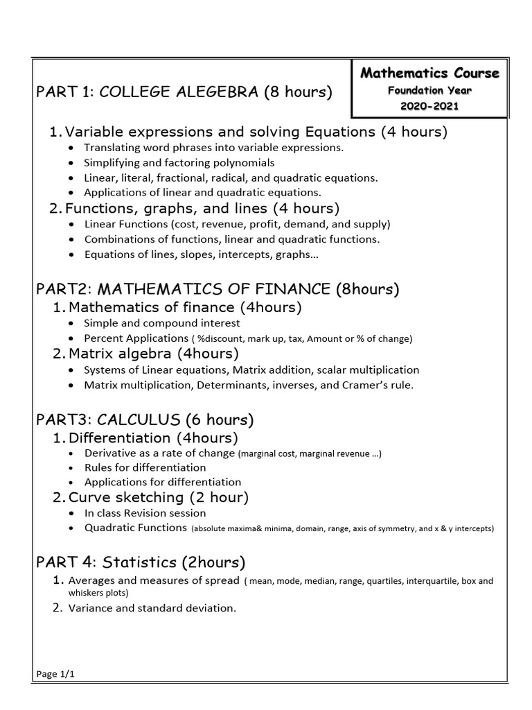 Mathematics Course 2020 2021 | PDF