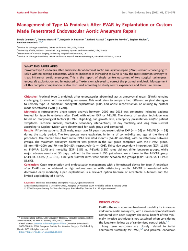 Management of Type IA Endoleak After EVAR by Explantation or Custom ...