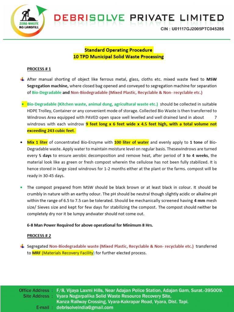 SOP For 10 Ton MSW Segregation and Windrows Compositing | PDF | Compost ...