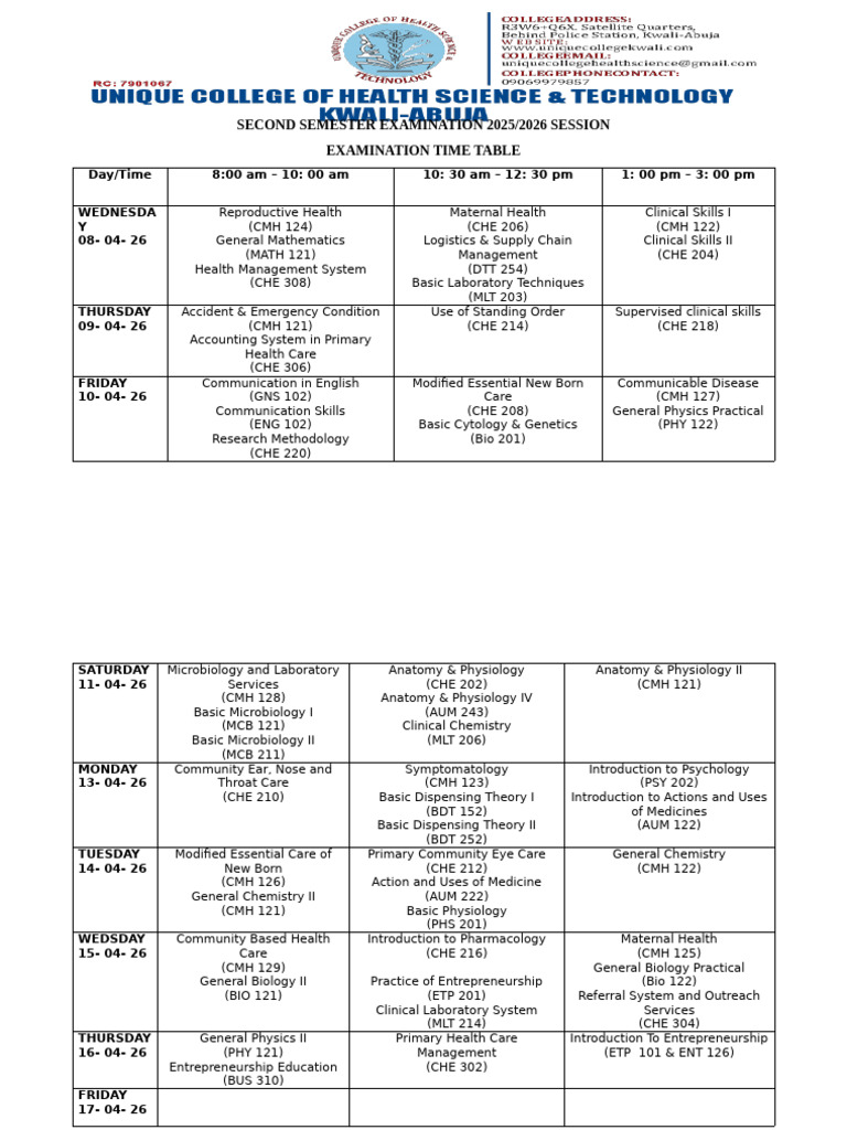 Second Semester Exam Timetable 2025 - 2026 - Final | PDF | Health ...