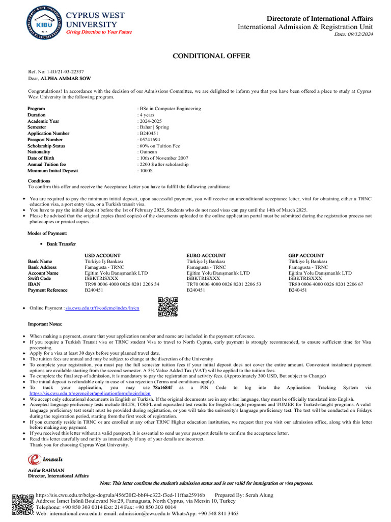 Conditional Acceptance Letter | PDF