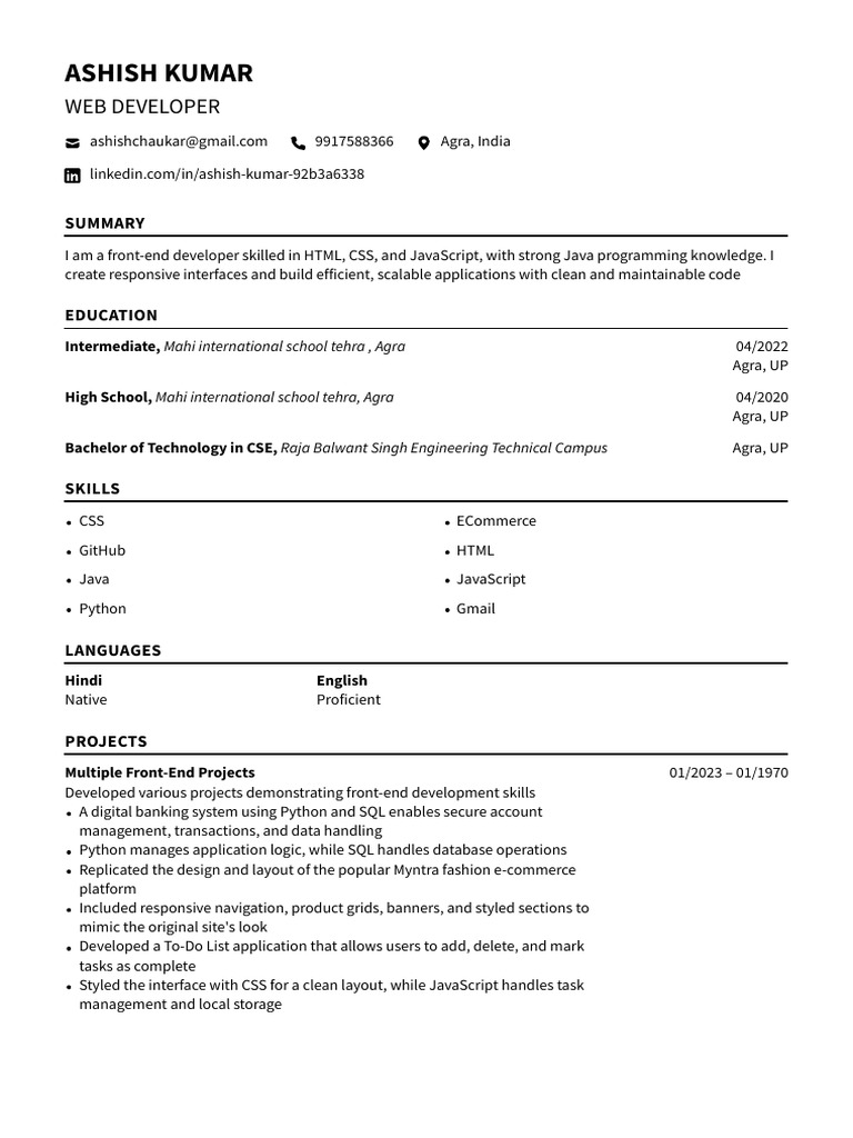 Ashish Kumar: Web Developer | PDF