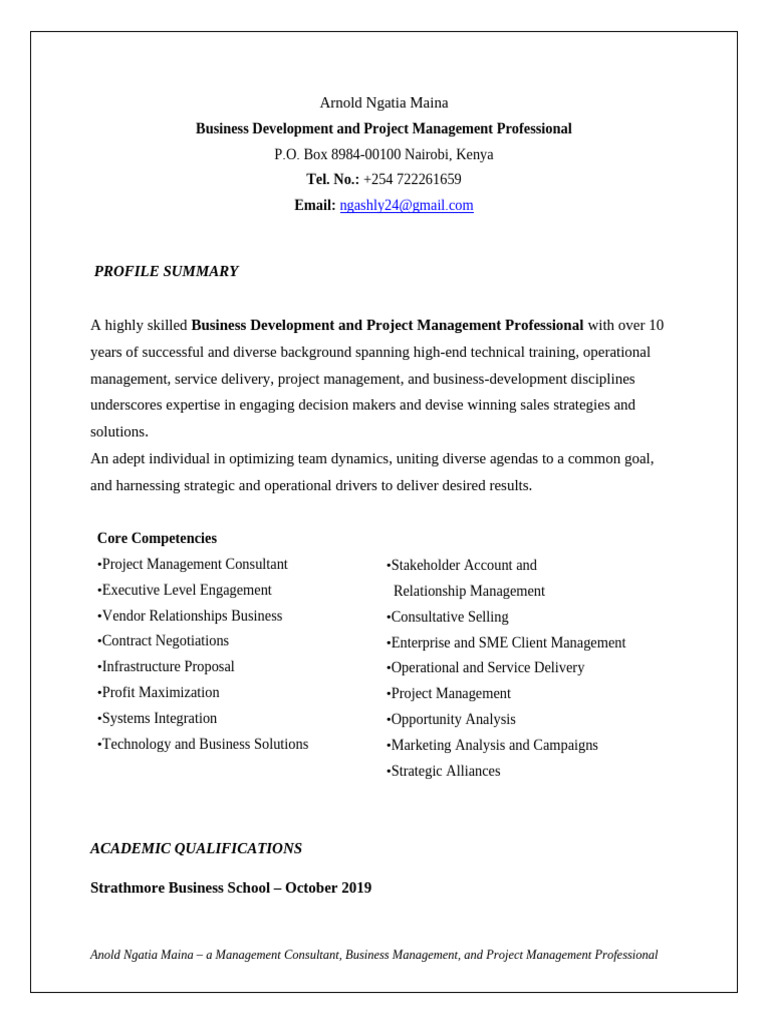 Profile Summary: Business Development and Project Management ...