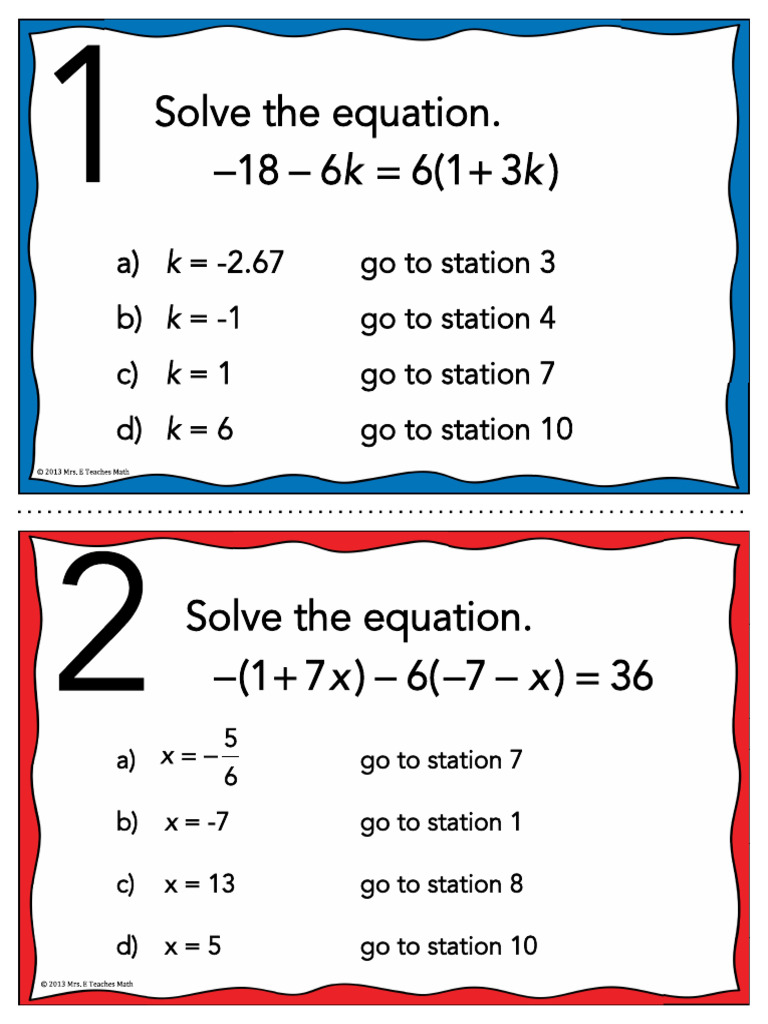 1.2 MultiStep Equations Stations Cards | PDF