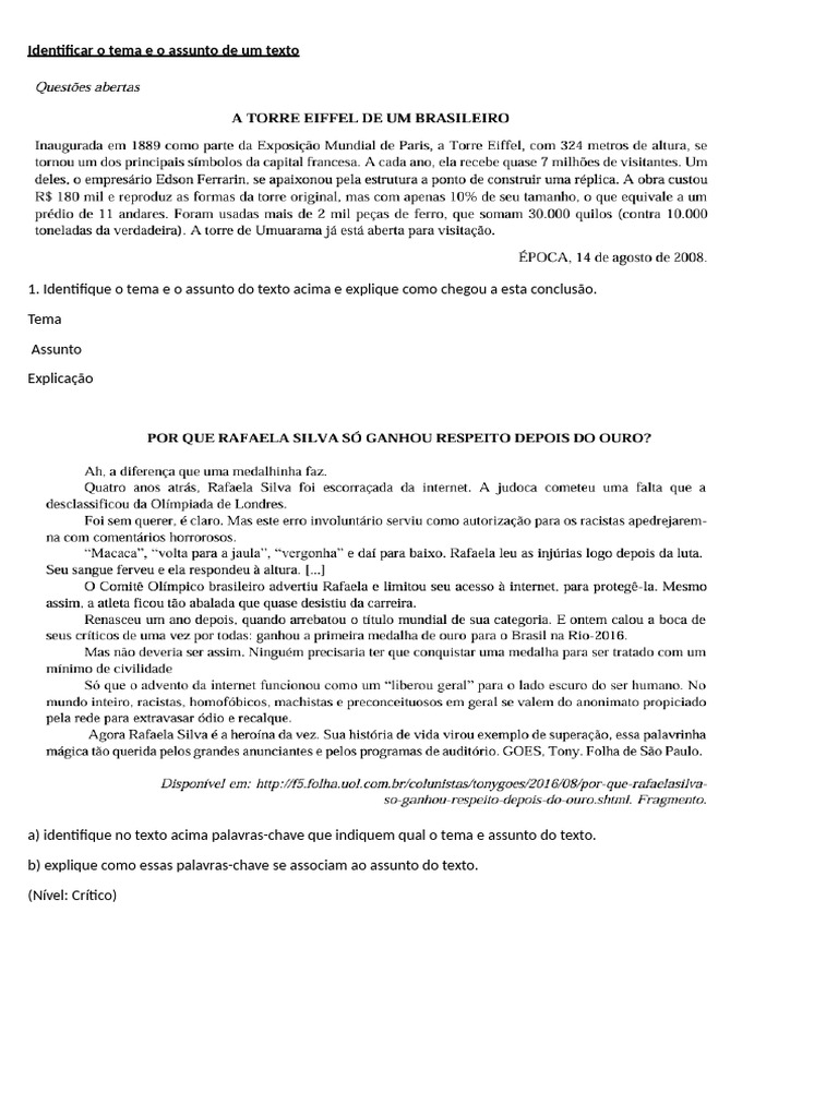 Identificar o Tema e o Assunto de Um Texto | PDF