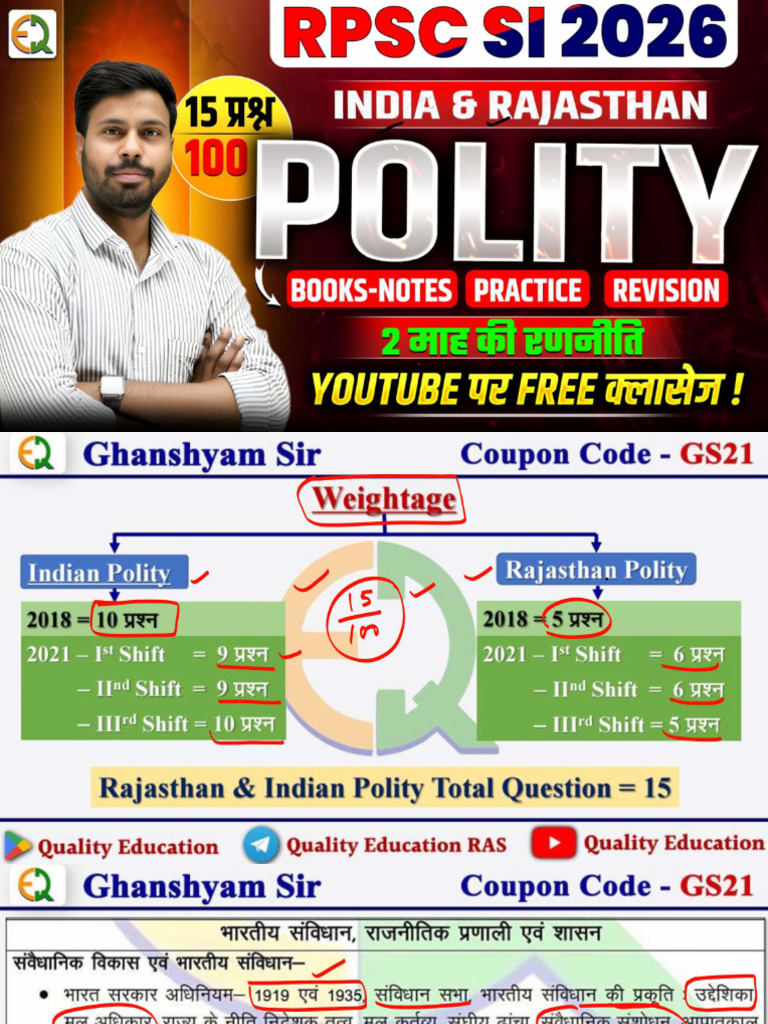 SUB INSPECTOR 2026 India & Rajasthan Polity by Ghanshyam Sir | PDF