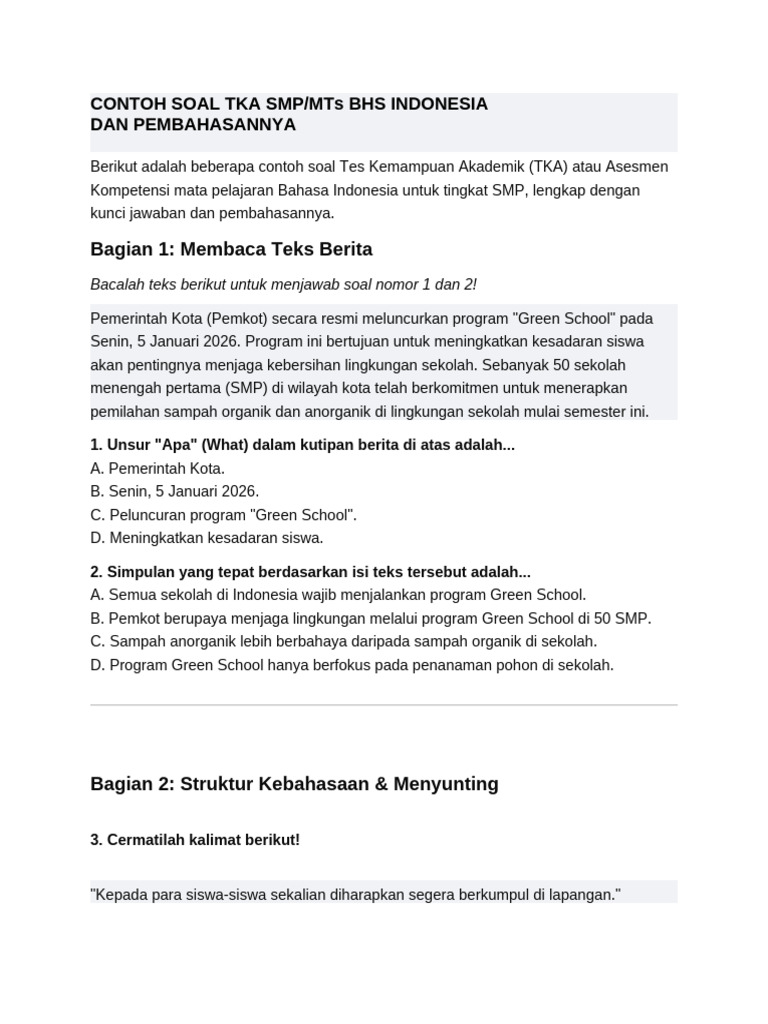 Contoh Soal Tka Bindo Mts Dan Pembahasannya | PDF