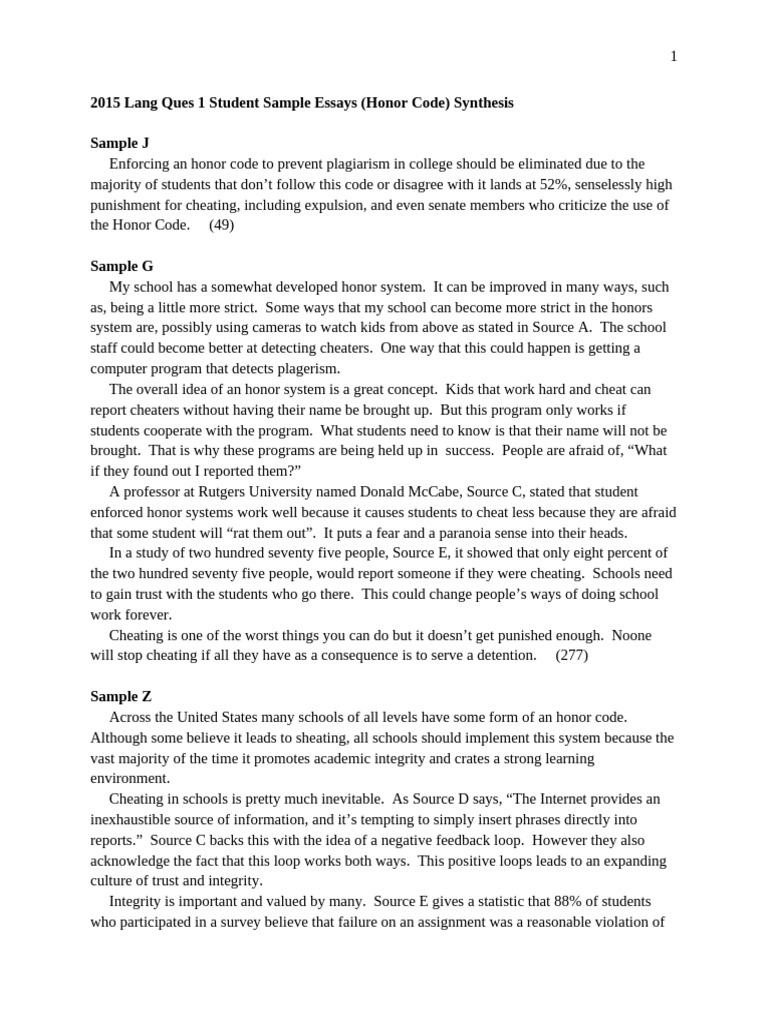 2015 Lang Ques 1 Honor Code Synthesis Sample Essays | PDF | Plagiarism ...