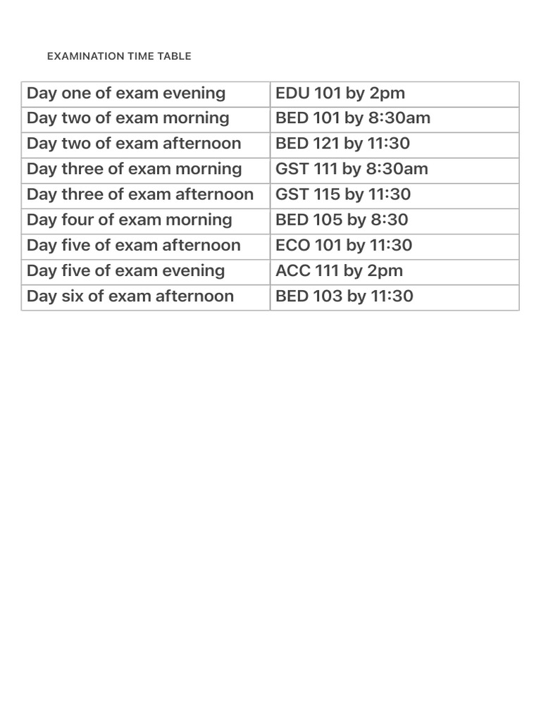 Examination Time Table | PDF