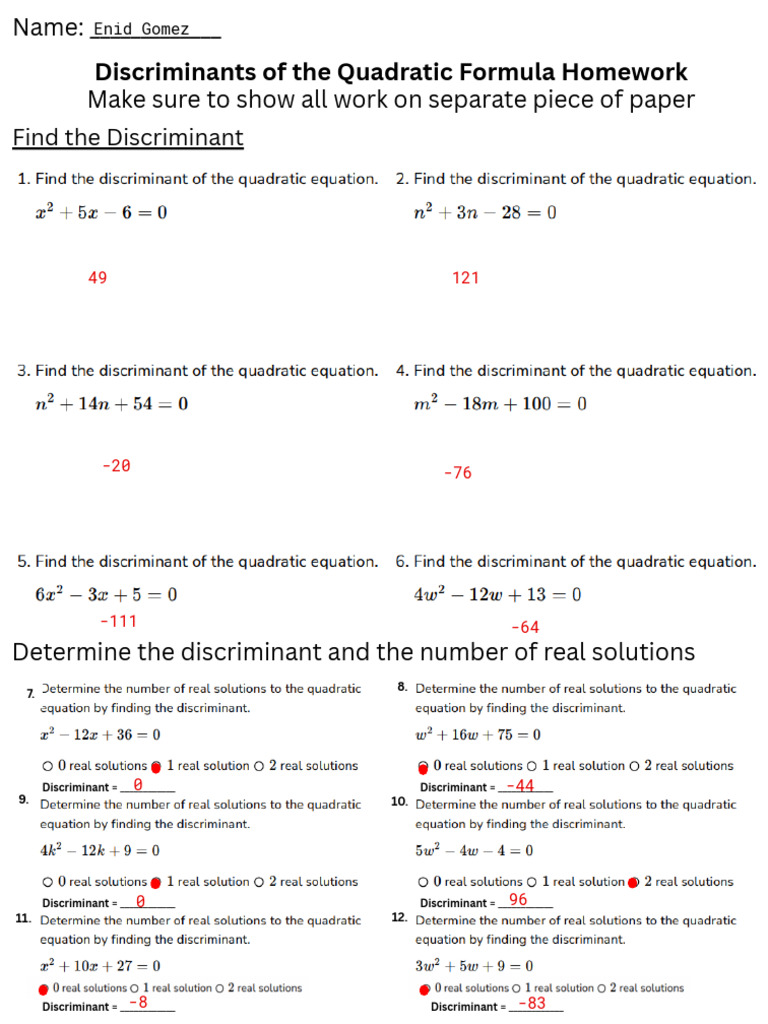 Enid GomezMedrano - Discriminants of The Quadratic Formula Homework | PDF