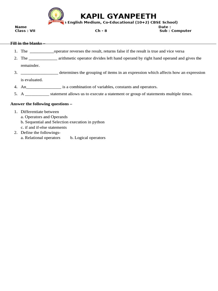 Class Vii CH - 8 Worksheet | PDF