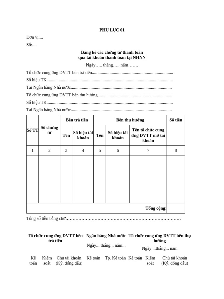 Mau Bang Ke Chung Tu Thanh Toan | PDF