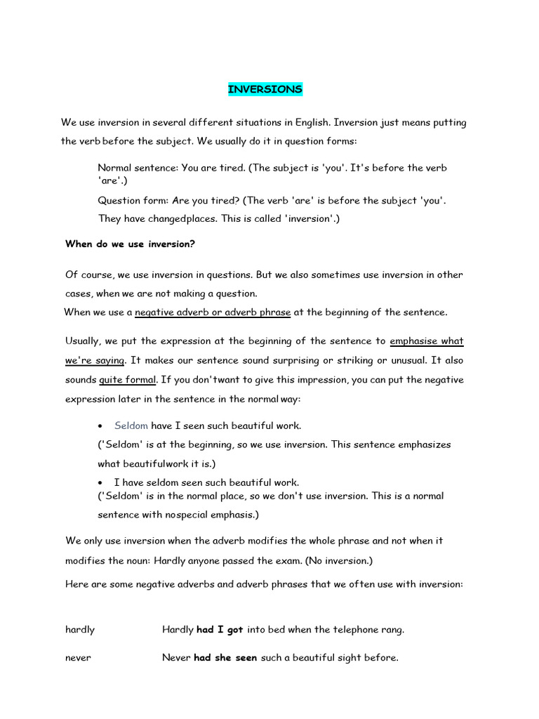 Inversions - Theory, Types and Examples. Upper Intermediate | PDF ...