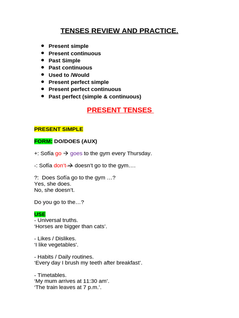 UNIT 1. Present and Past Tenses Review. | PDF | Grammatical Tense ...