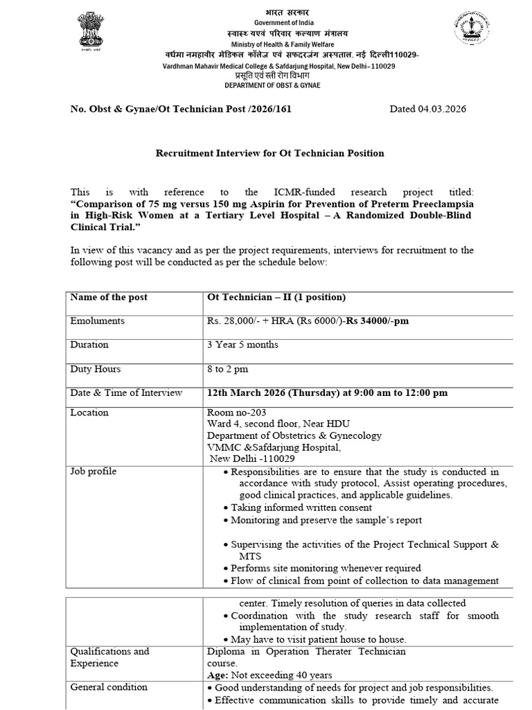 Notice Dated 04.11.2025 - Advertisement For The Post of Project Nurse ...