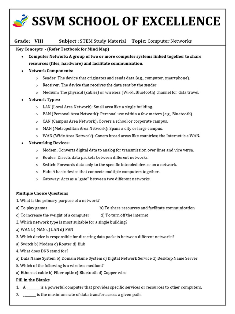 Revision Worksheet Computer Networks | PDF | Computer Network | Local ...