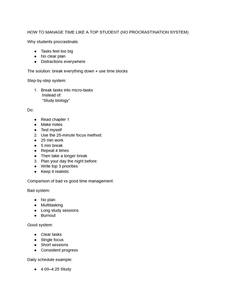 How To Manage Time Like A Top Student (No Procrastination System) | PDF