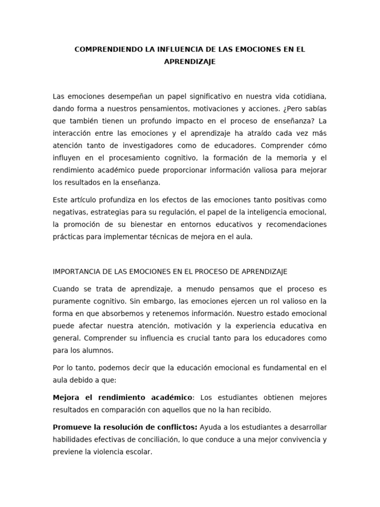 Comprendiendo La Influencia de Las Emociones en El Aprendizaje | PDF ...