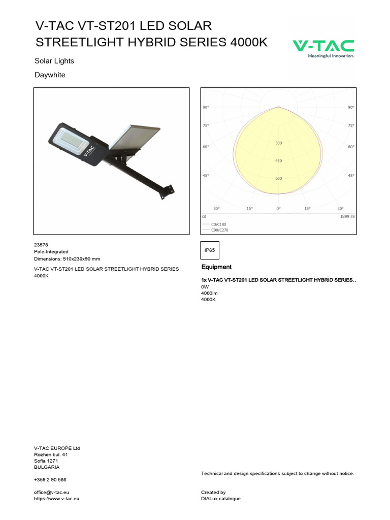V-Tac Vt-st201 Led Solar Streetlight Hybrid Series 4000k - 23578 | PDF