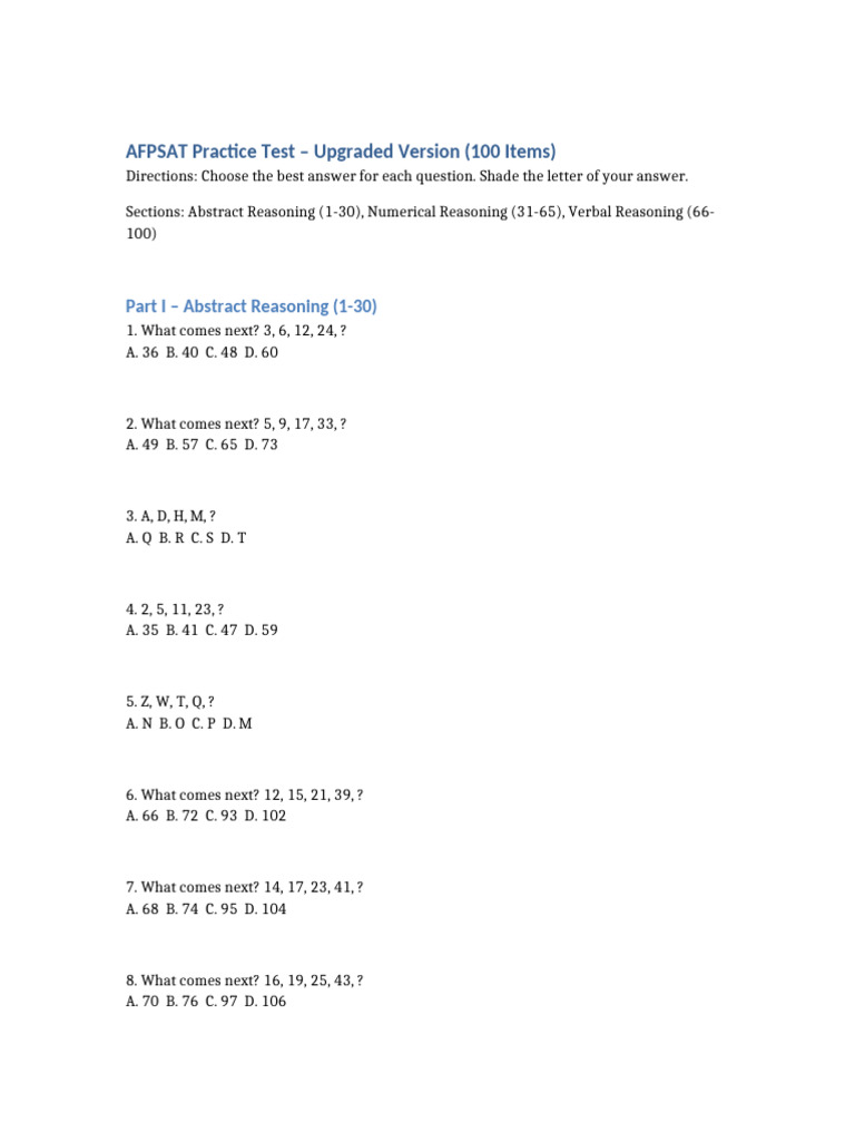 AFPSAT Practice Test Upgraded 100 Items | PDF
