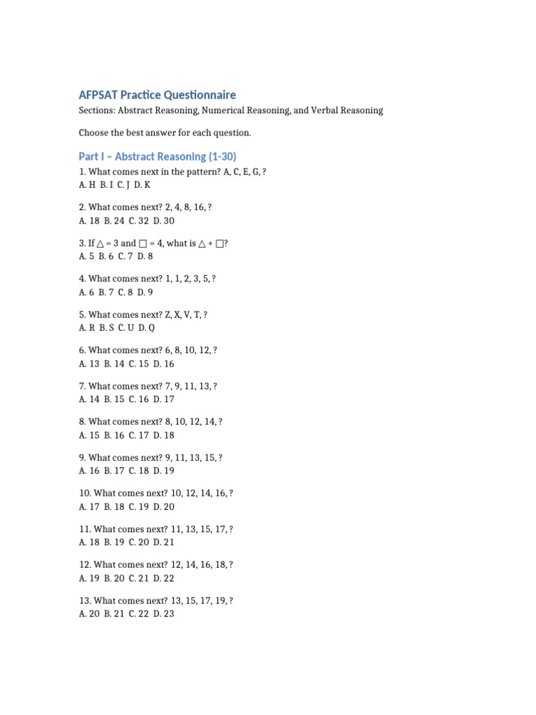 AFPSAT Practice Questionnaire 100 Items | PDF