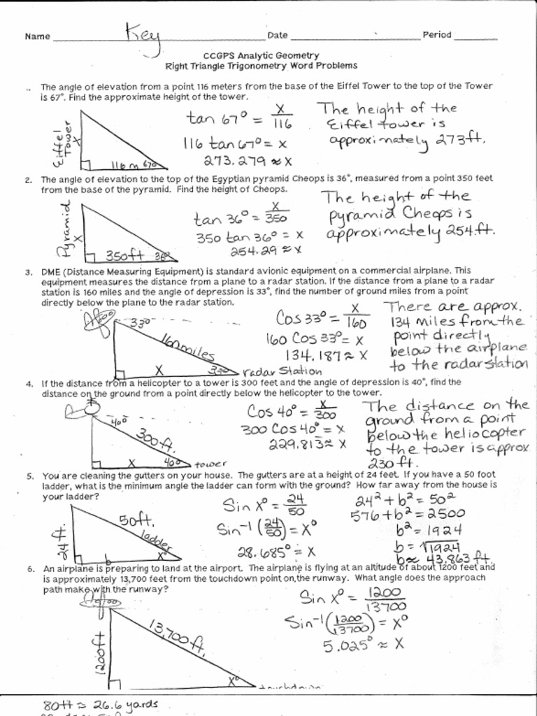Solve Right Triangle Word Problems Handout SolutionsKEY | PDF