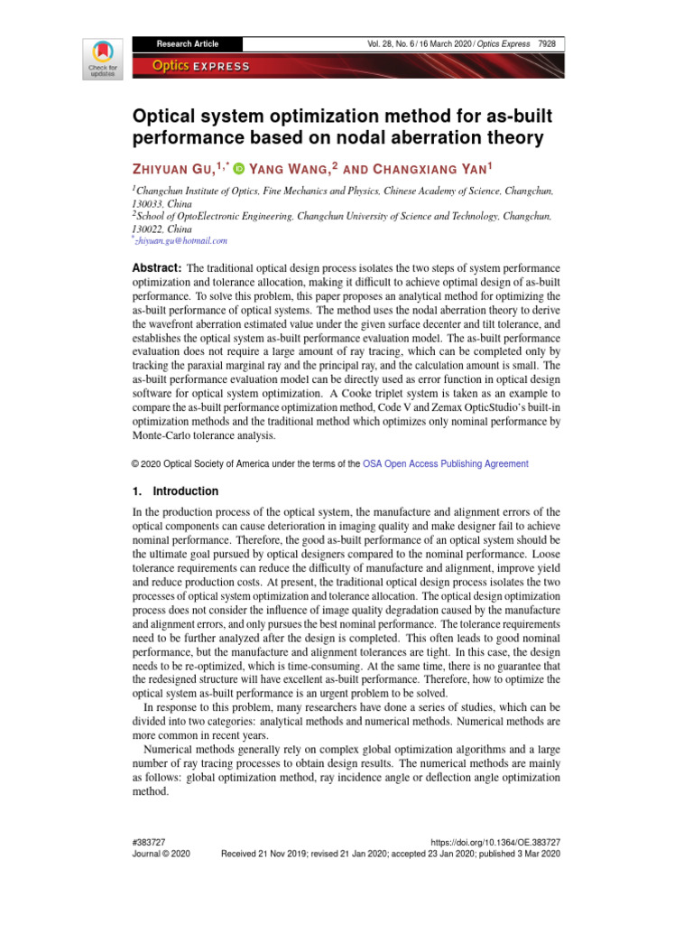 Optical System Optimization Method For As-Built Performance Based On ...