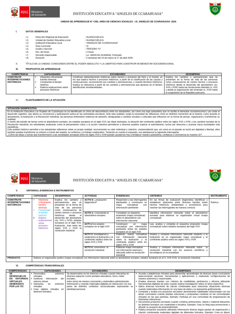 3° I Unidad de Aprendizaje CC - SS 2026 | PDF
