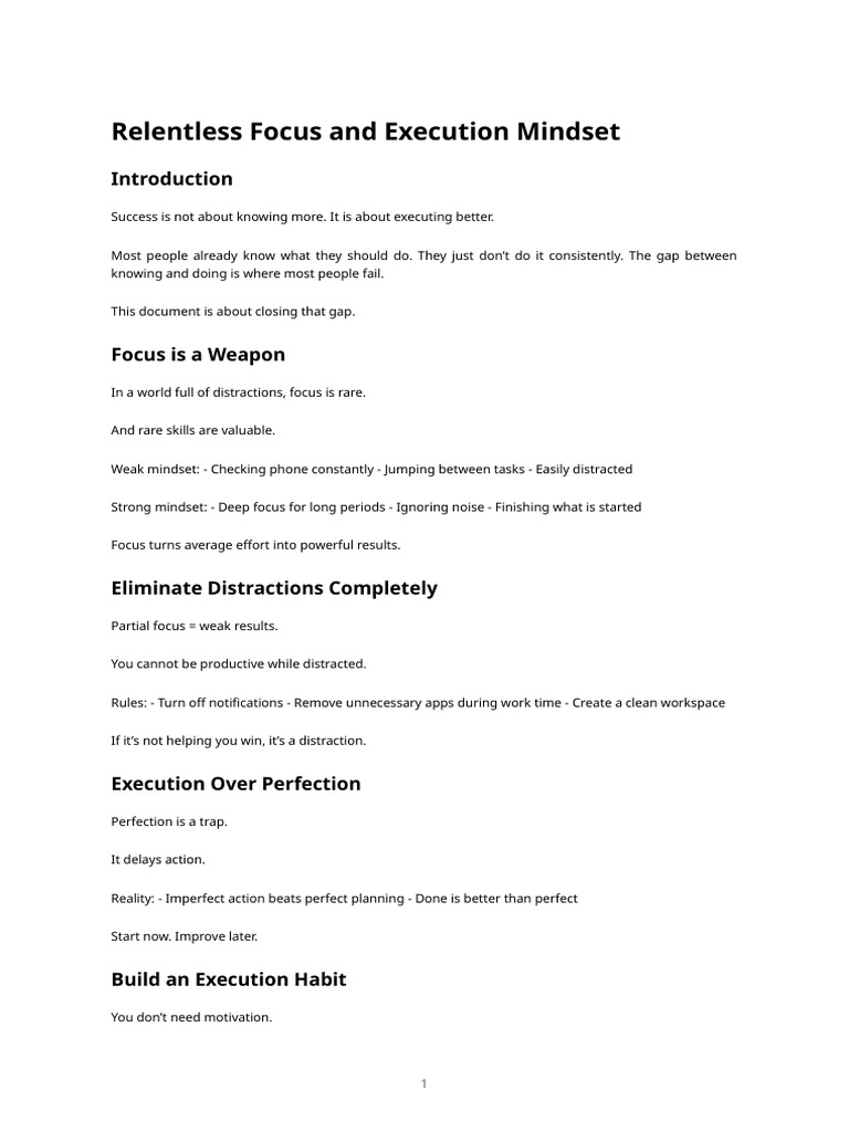 Relentless Focus and Execution Mindset | PDF | Mindset | Procrastination