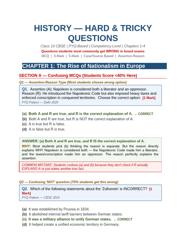 History HARD Questions Class10 CBSE | PDF | Student Assessment And ...