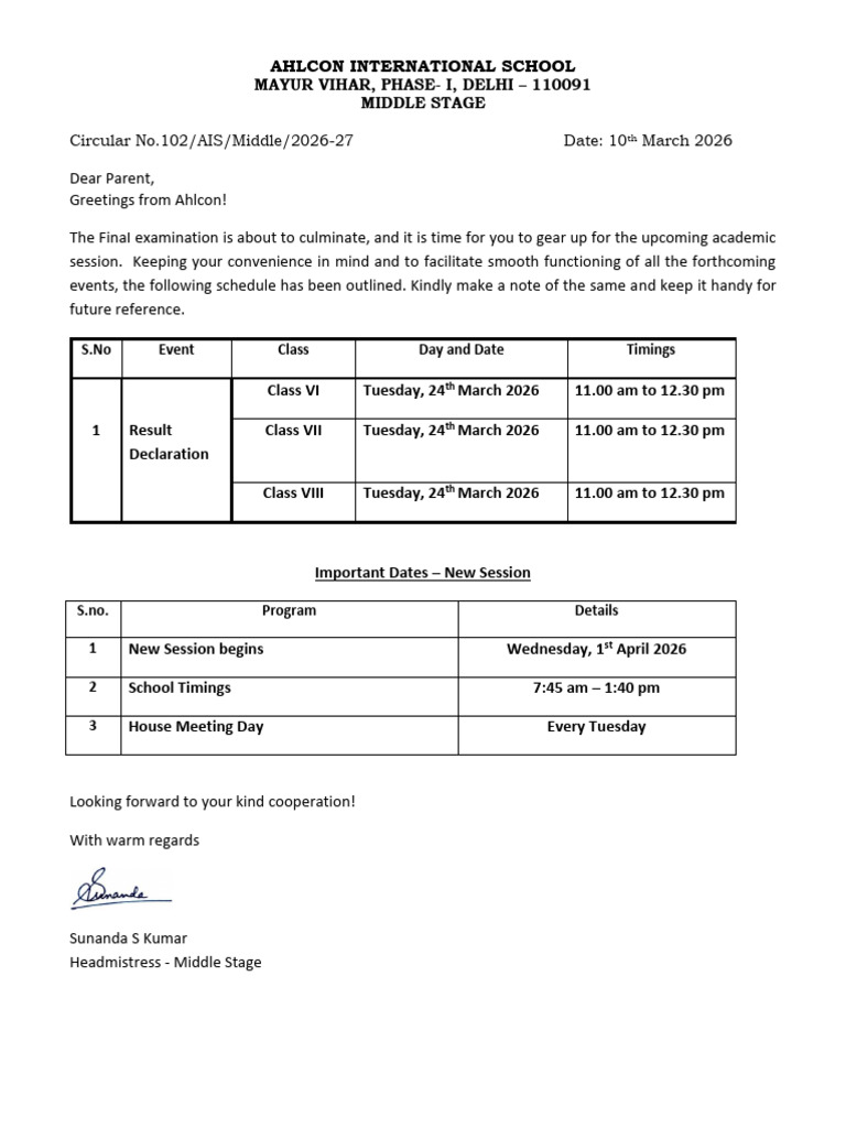 Circular - New Session 2026-27 (Middle Stage) | PDF