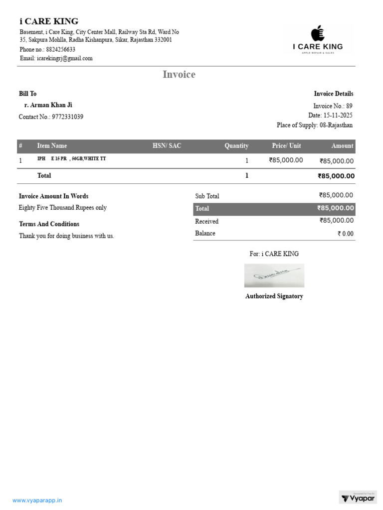 Arman Khan 15 Pro Bill | PDF