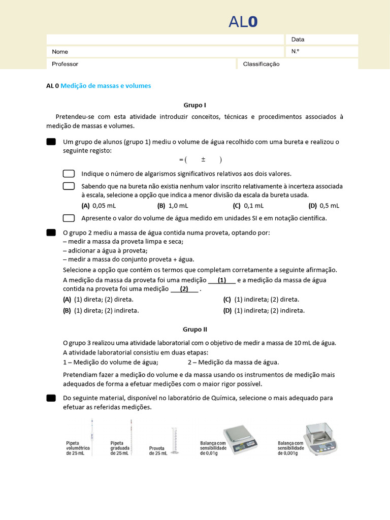 3 Exercicios QL AL0 | PDF | Medição | Massa