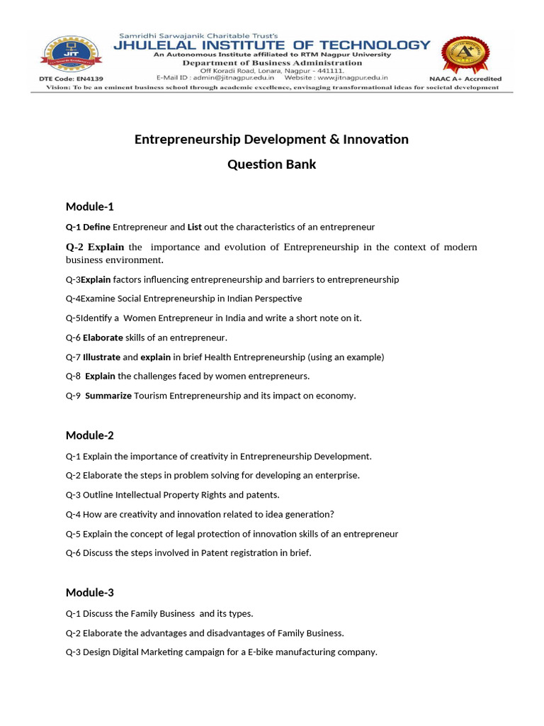 Question Bank ED and I | PDF | Entrepreneurship | Marketing