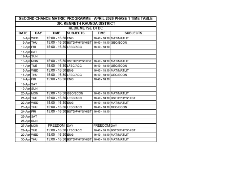 April 2026 Timetable | PDF