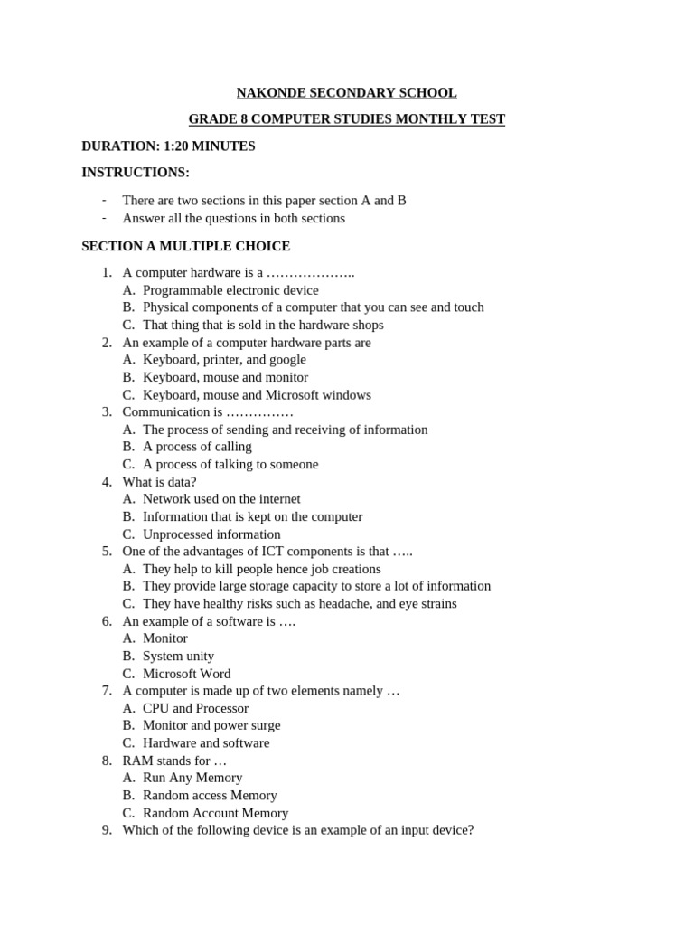 Grade 8 Monthly Test, Computer Studies | PDF | Computer Data Storage ...