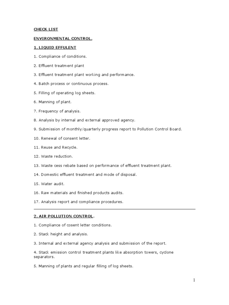 Pollution Control Compliance Checklist | PDF | Waste | Waste Management