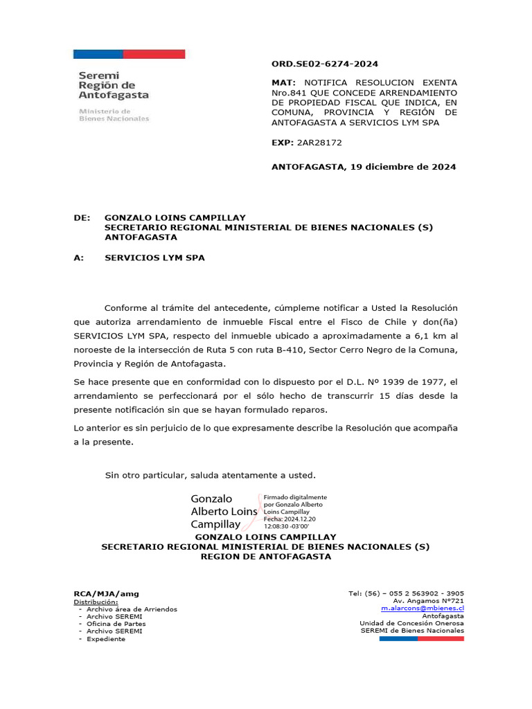 Oficio Notifica Resolución 841 | PDF