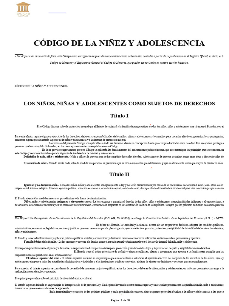 Codigo de La Ninez y Adolescencia | PDF | Abuso infantil | Cuidado de ...