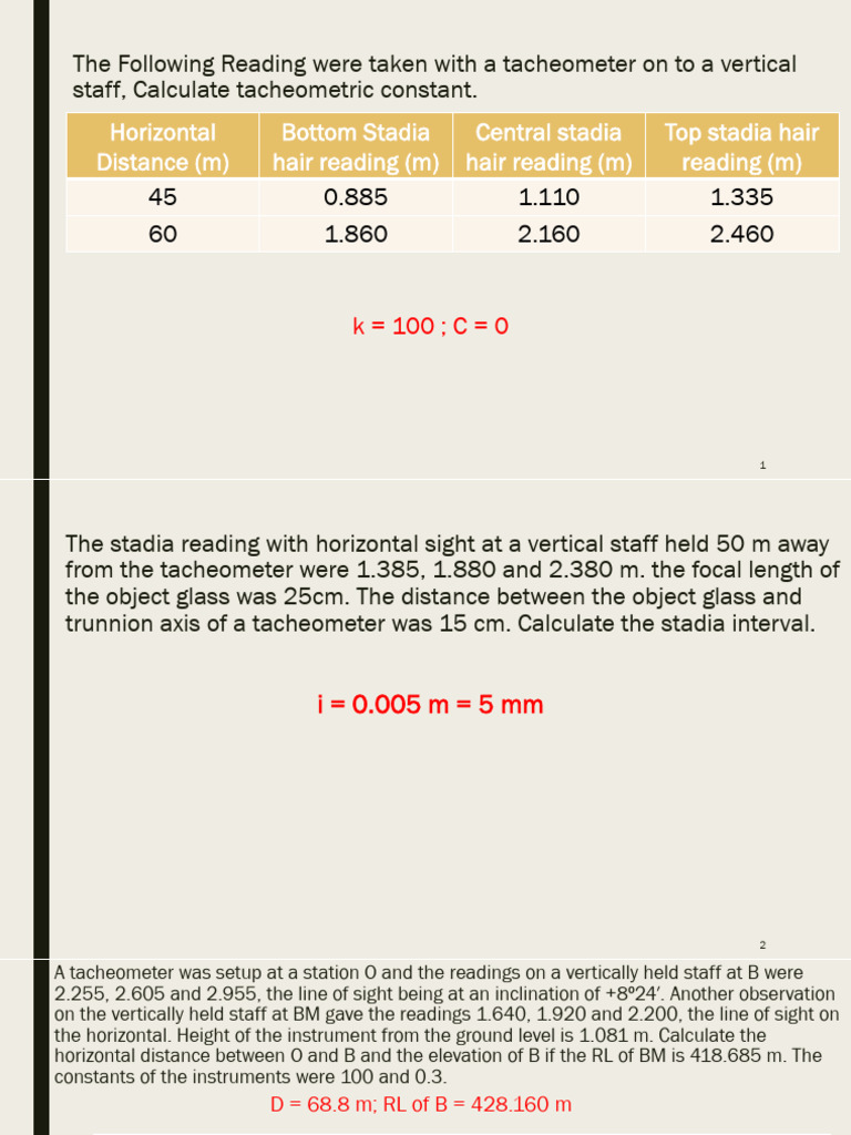 Tacheometry Example Questions | PDF
