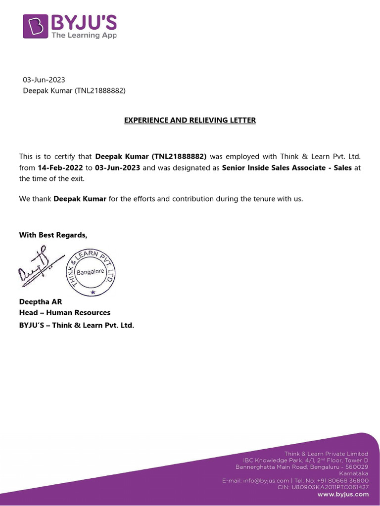 Experience Letter-Deepak Kumar | PDF