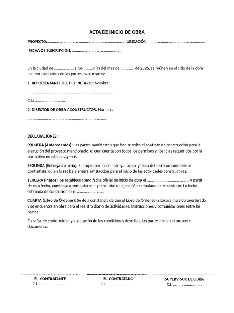 Acta de Inicio de Obra | PDF