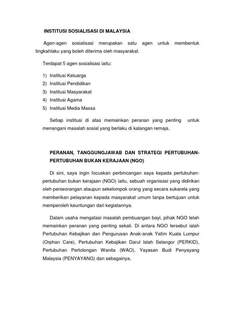 Institusi Sosialisasi Di Malaysia Pbayi