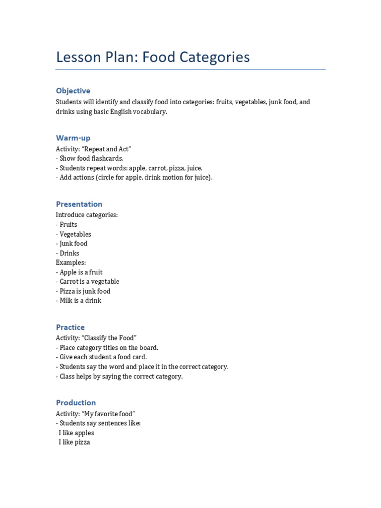 Food Lesson Plan | PDF
