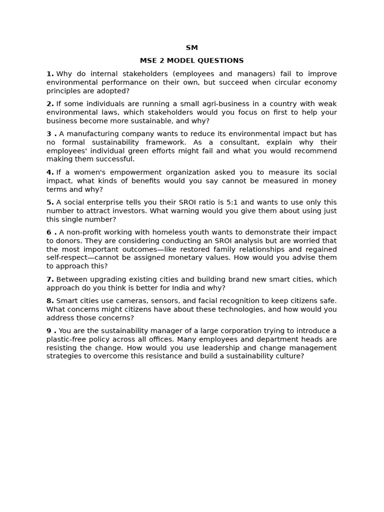SM - MSE 2 Model Questions | PDF