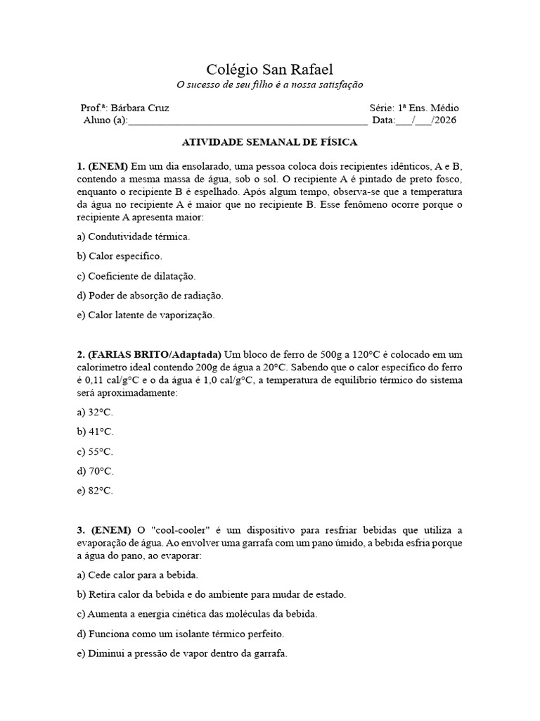 4 Atividade de Física (I e II) - 1 Série A | PDF | Calor | Temperatura