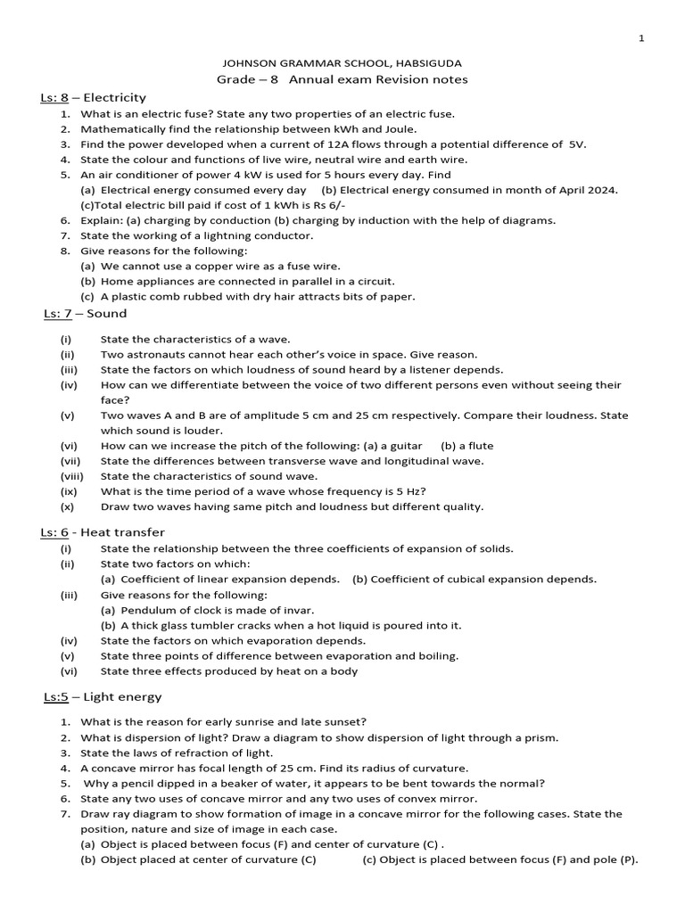 Grade - 8 Annual Exam Revision Notes LS: 8 - Electricity | PDF ...