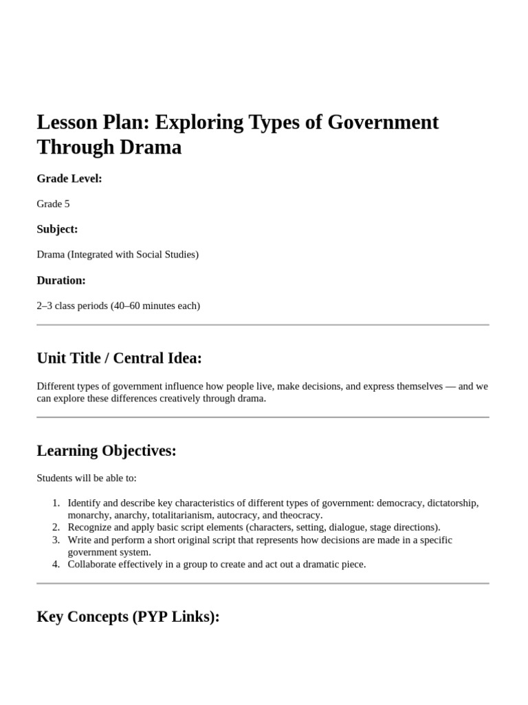 Grade 5 Goverment Drama Lesson Plan | PDF | Creativity | Leadership